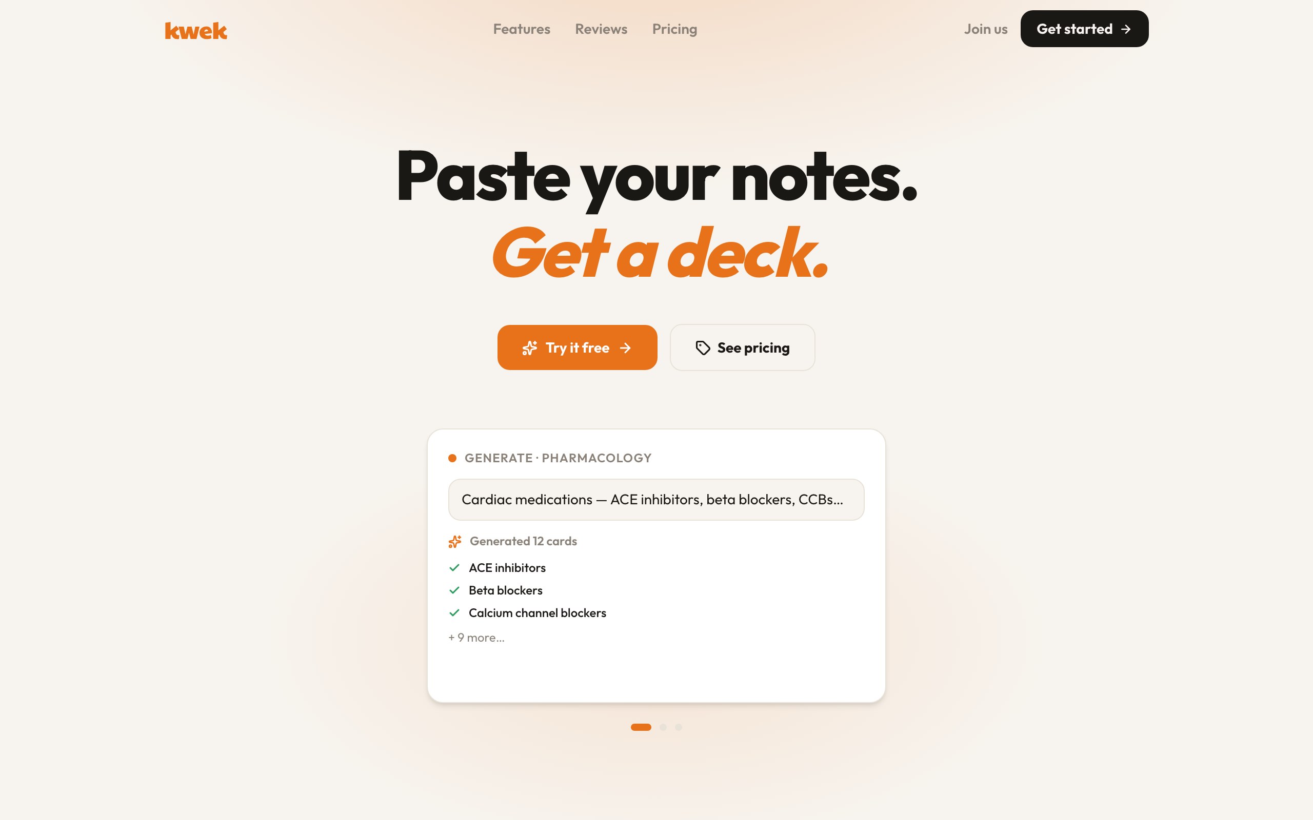 kwek.cards homepage — Paste your notes. Get a deck.